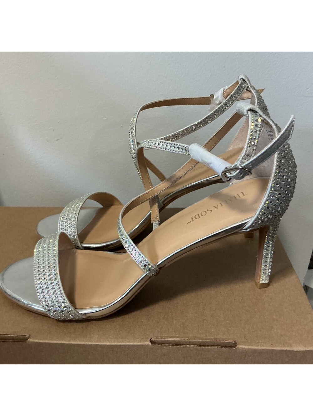 Thalia Sodi Size 10 Women Silver Party Bling Strappy Heels Shoes Party B2-4